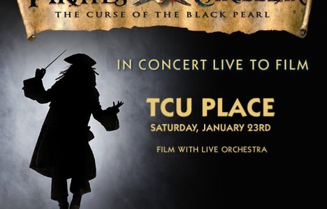 Pirates of the Caribbean poster with a silhouette of a pirate conducting a orchestra.