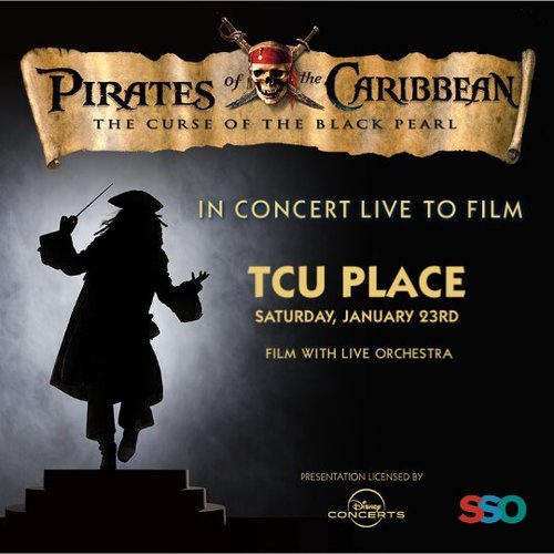 Pirates of the Caribbean poster with a silhouette of a pirate conducting a orchestra.