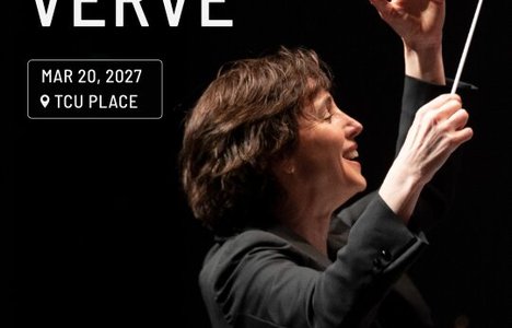 Poster for the event with a photo of a conductor conducting a orchestra.