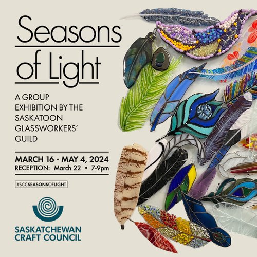Seasons of Light is a group exhibition by the Saskatoon Glassworkers Guild March 16 to May 4, 2024. The photo contains a collection of brightly coloured, and unique handcrafted glass feathers.