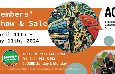 The Member's Show and Sale poster features a painting by Gerald Jessop, which is an impressionistic beach scene- as well as a stained-glass succulent sculpture by Katerina Malagride.